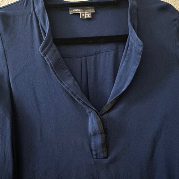 Vince Long Sleeve Silk Tunic Cobalt Blue Flowy V-neck Top with Black Piping - Picture 3 of 6